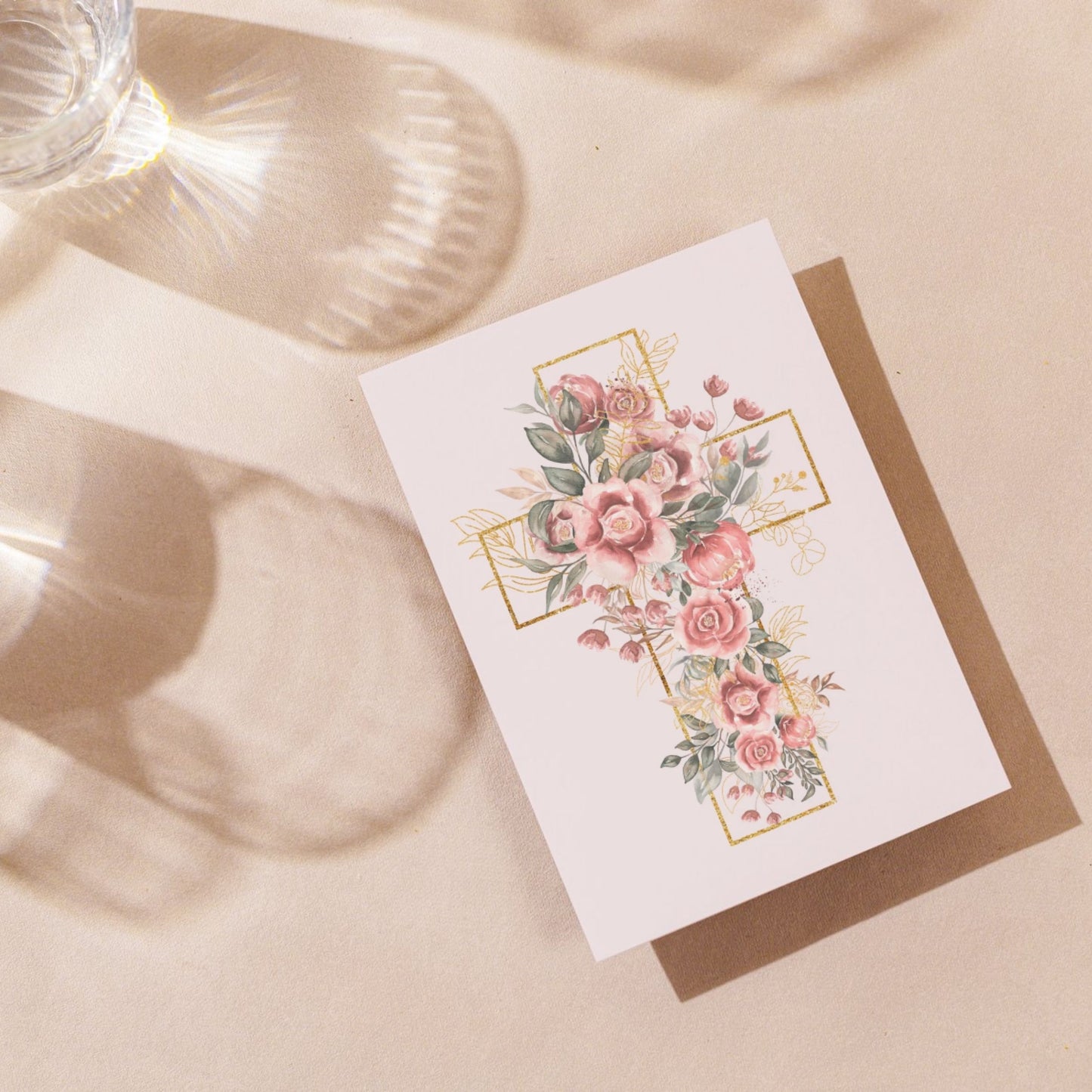 BAP075 - Pink Floral Cross Baptsim Card