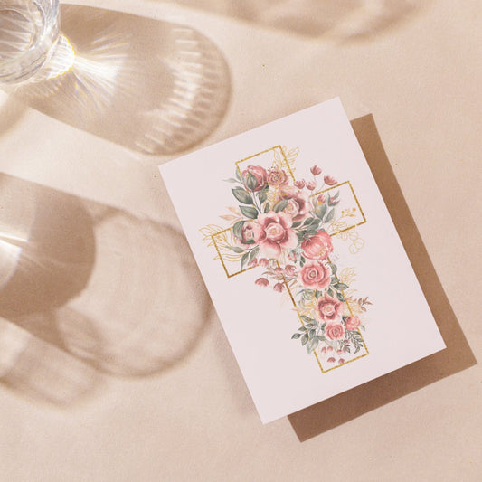 BAP075 - Pink Floral Cross Baptsim Card