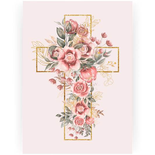 BAP075 - Pink Floral Cross Baptsim Card